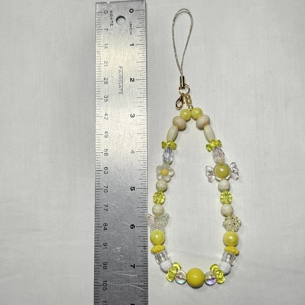 Cute Pastel Yellow White Iridescent Girly Dainty Beaded Phone Charm Wrist Strap
